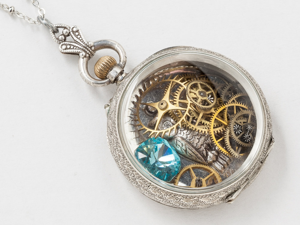 Victorian Sterling Silver Pocket Watch Case Necklace Hand Engraved Leaves and Flower with Owl Gears Blue Topaz Crystal Locket