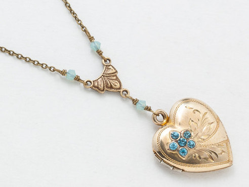 Vintage Heart Locket Gold Filled Locket Heart Locket Necklace with Blue Topaz Leaf Engraving Blue Opal Crystal Photo Locket Jewelry