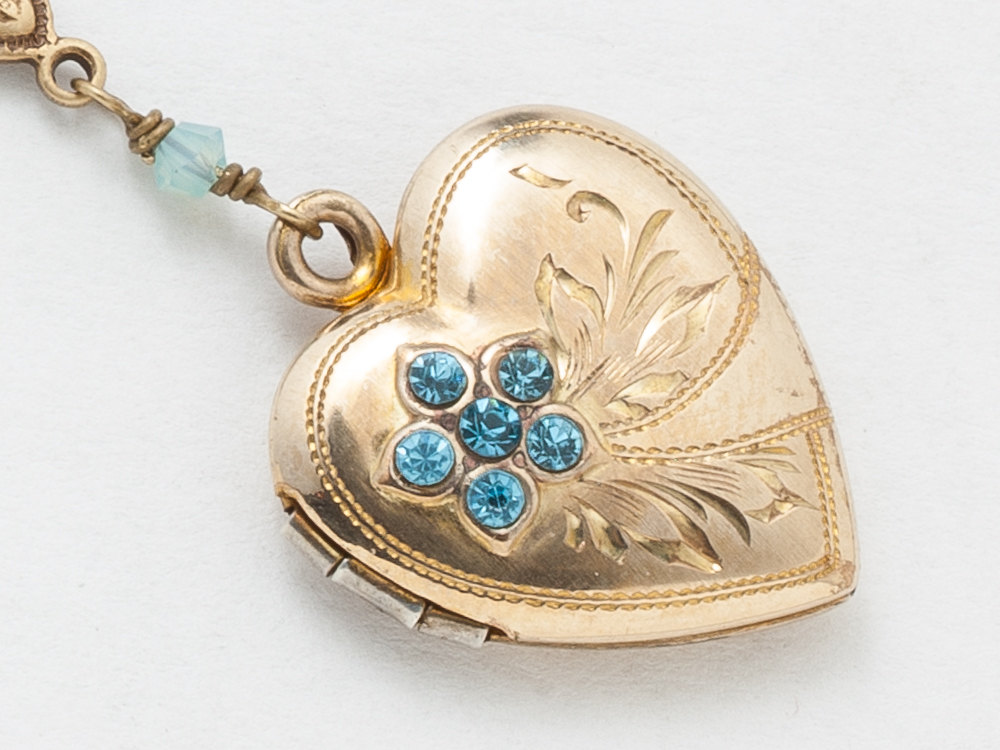 Vintage Heart Locket Gold Filled Locket Heart Locket Necklace with Blue Topaz Leaf Engraving Blue Opal Crystal Photo Locket Jewelry