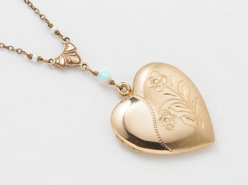 Vintage Heart Locket Necklace Heart Locket in Gold Filled with Genuine Pearl Opal Leaf Flower Etched Photo Locket Jewelry