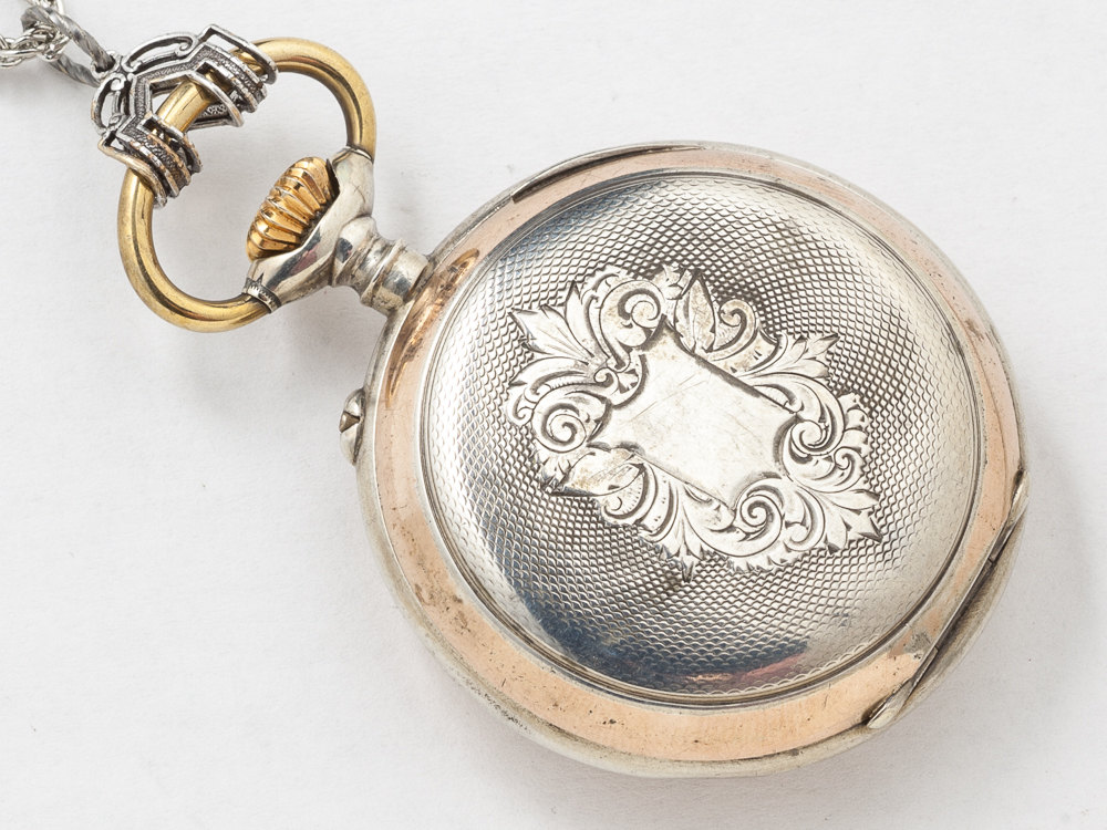 Vintage Locket Pocket Watch Case Necklace in Sterling Silver and Rose Gold Purple Amethyst Crystal Bird Charm and Gears