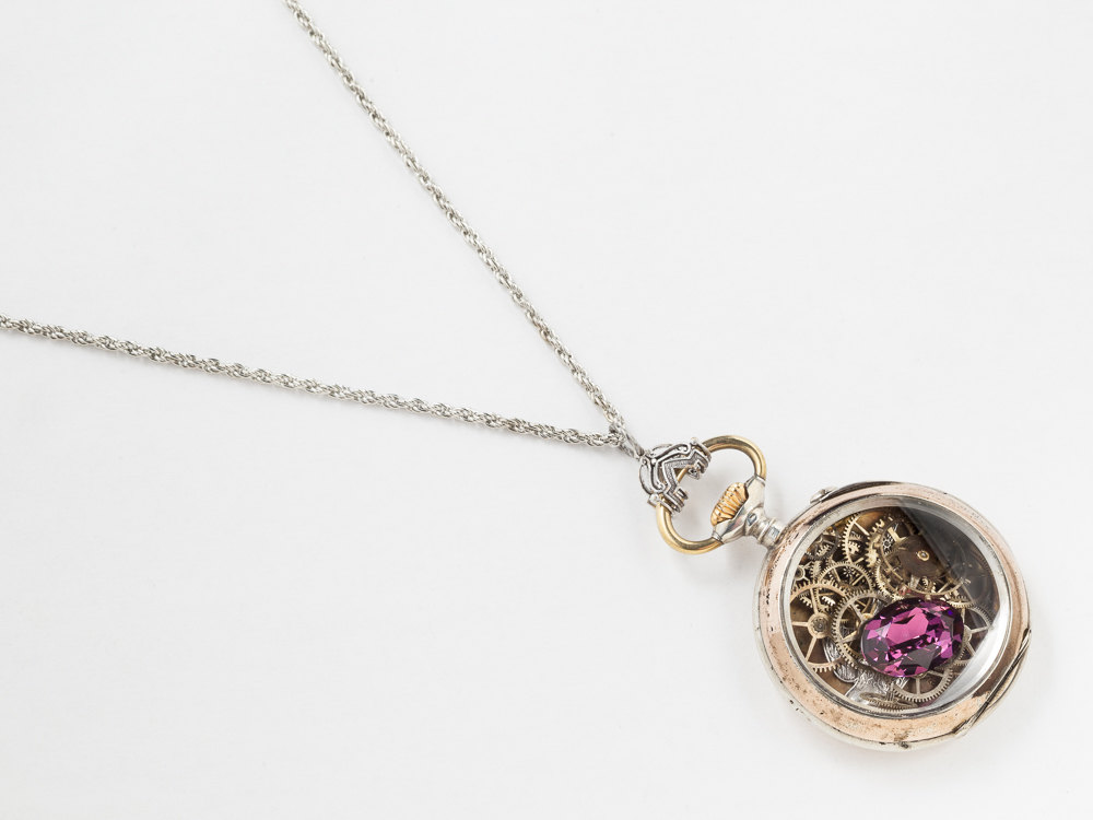 Vintage Locket Pocket Watch Case Necklace in Sterling Silver and Rose Gold Purple Amethyst Crystal Bird Charm and Gears
