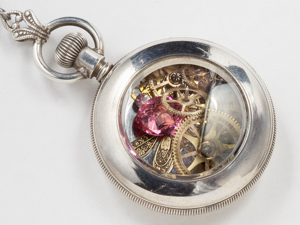 Vintage Locket Pocket Watch Case Necklace in Sterling Silver with Pink Tourmaline Gold Dragonfly Pendant Victorian Statement Necklace