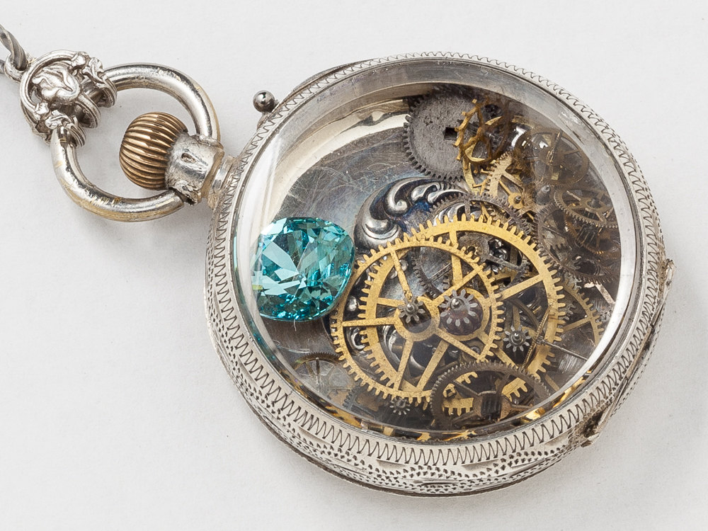 Vintage Pocket Watch Case Necklace in Sterling Silver Hand Engraved Flowers with Heart Charm Gears and Blue Aquamarine Locket