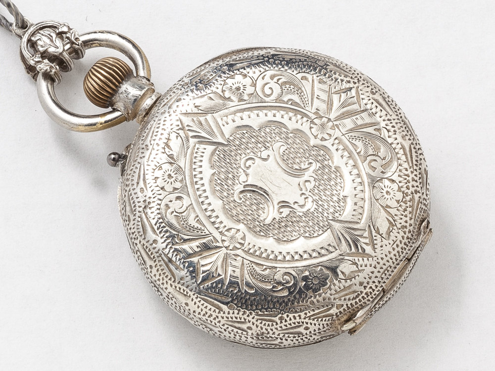 Vintage Pocket Watch Case Necklace in Sterling Silver Hand Engraved Flowers with Heart Charm Gears and Blue Aquamarine Locket