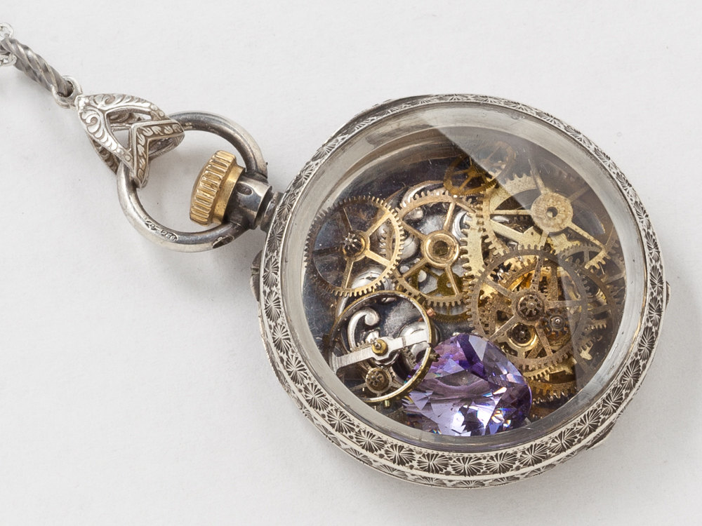 Vintage Pocket Watch Case Necklace in Sterling Silver Hand Engraved Flowers with Heart Pendant Gears and Tanzanite Locket