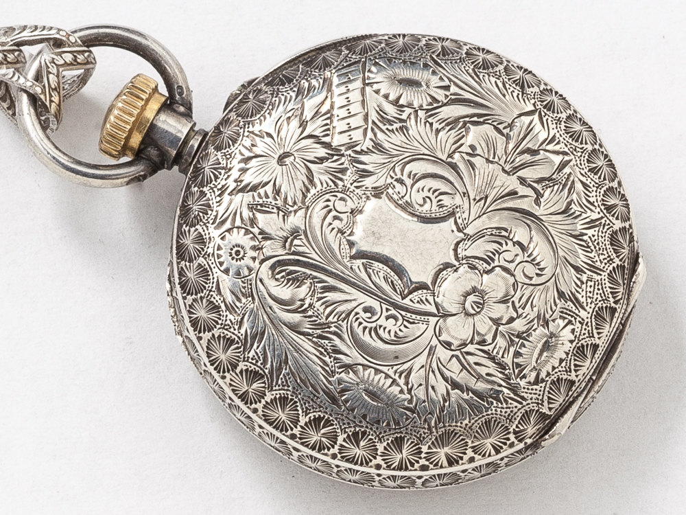 Vintage Pocket Watch Case Necklace in Sterling Silver Hand Engraved Flowers with Heart Pendant Gears and Tanzanite Locket