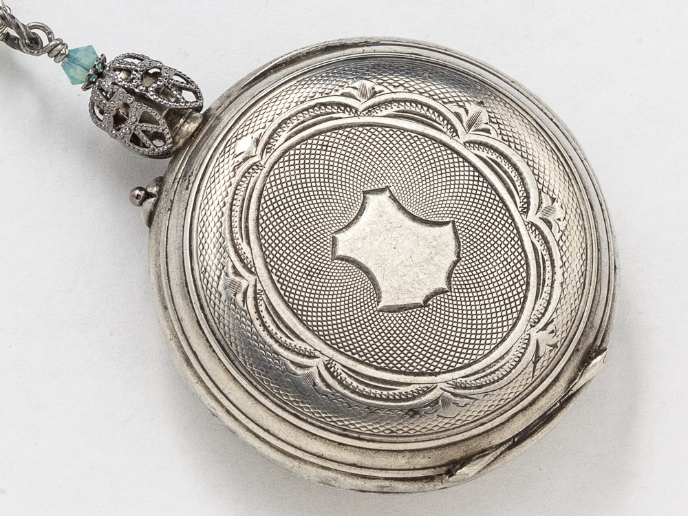 Vintage Pocket Watch Case Necklace in Sterling Silver Hand Engraved with Butterfly Charm Gears and Blue Aquamarine Locket