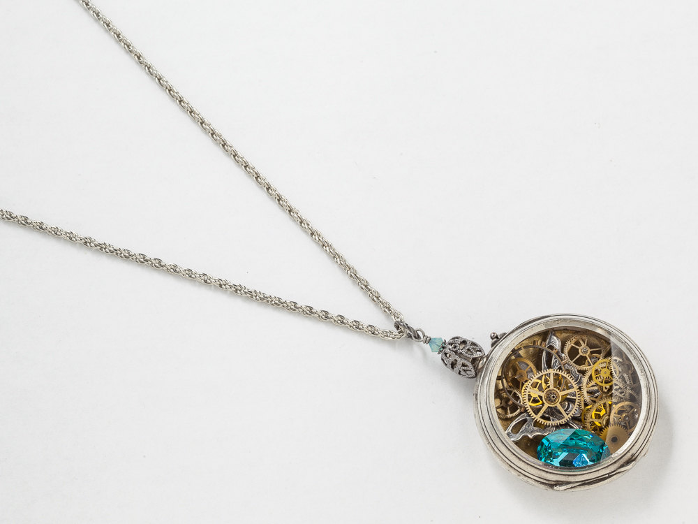 Vintage Pocket Watch Case Necklace in Sterling Silver Hand Engraved with Butterfly Charm Gears and Blue Aquamarine Locket