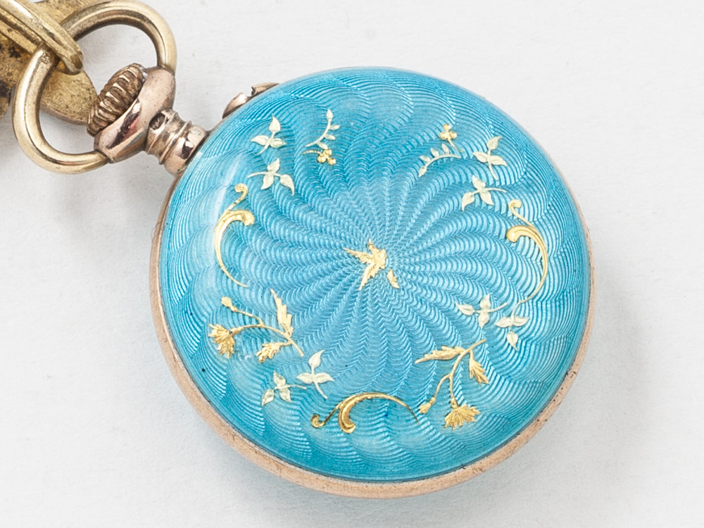 Vintage Rose Gold Pocket Watch Case Necklace Turquoise Enamel and Sterling Silver Vermeil with Gears Fleur De Lis Blue Topaz Locket