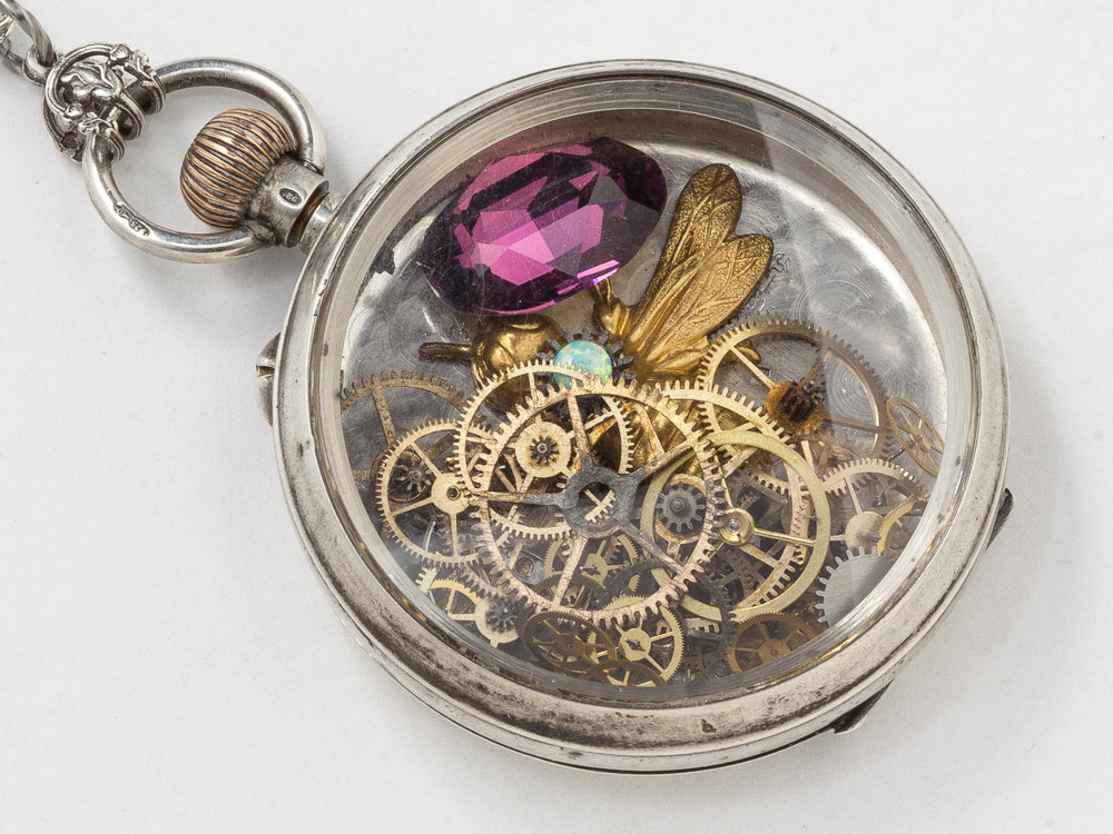 Vintage Sterling Silver Locket Pocket Watch Case Necklace with Gears Amethyst Crystal Opal and Gold Bee Pendant Steampunk Jewelry