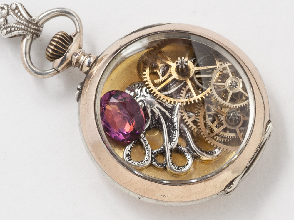 Vintage Sterling Silver Pocket Watch Case Necklace with Rose Gold Engraving Octopus Charm Gears and Purple Amethyst Crystal Locket