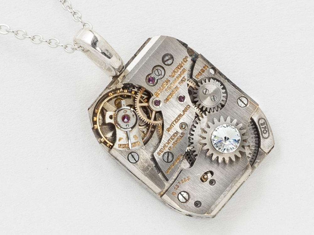 Vintage Watch Necklace Rare Longines Watch Movement with Crystal Industrial Silver Pendant Statement Necklace Steampunk Jewelry