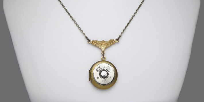 Antique Silver Watch Gear Locket Circa 1920 Hand Engraved Gold and Brass With Swarovski Crystal 2