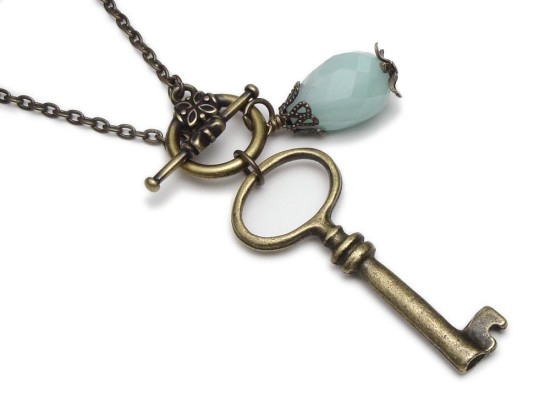 Antiqued Skeleton Key Charm Necklace with Filigree Capped Amazonite Faceted Briolette