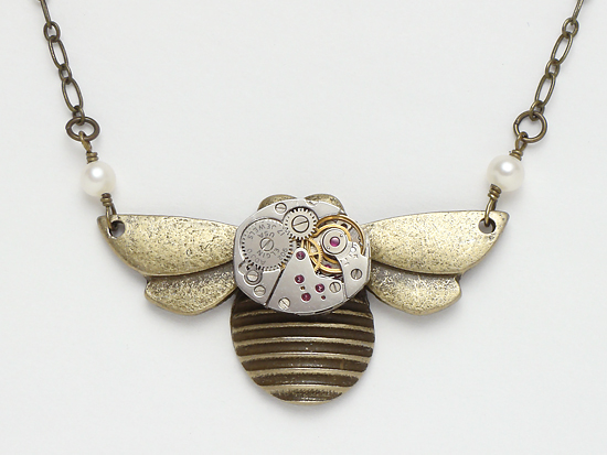 Bee Necklace Gold Bumble Bee Vintage Watch Movement pearl