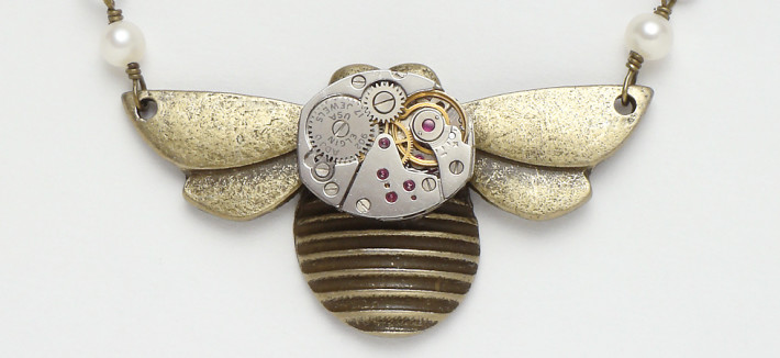 Bee Necklace Gold Bumble Bee Vintage Watch Movement pearl close-up