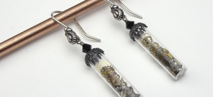 Bottle earrings antique watch gears black swarovski crystal feature
