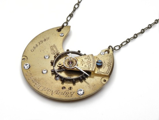 Engraved Steampunk Necklace Elgin Pocket Watch Movement with Ruby Jewel And Swarovski Crystal 3