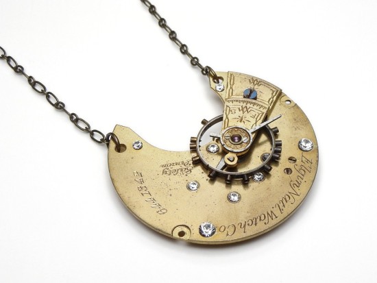 Engraved Steampunk Necklace Elgin Pocket Watch Movement with Ruby Jewel And Swarovski Crystal