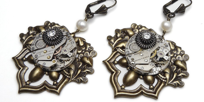 Industrial Steampunk Earrings Antique Wristwatch Movements Gears Circa 1930 2