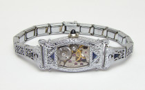 Steampunk Bracelet Art Deco watch movement white gold filled filigree sapphire (1)