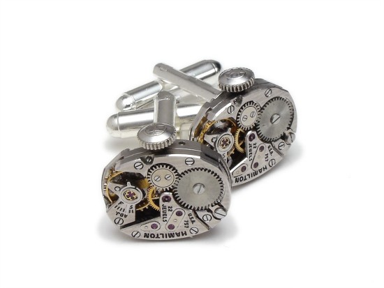 Steampunk Cufflinks 1930's Hamilton Pinstripe Watch Movements with 22 Ruby Jewels 3