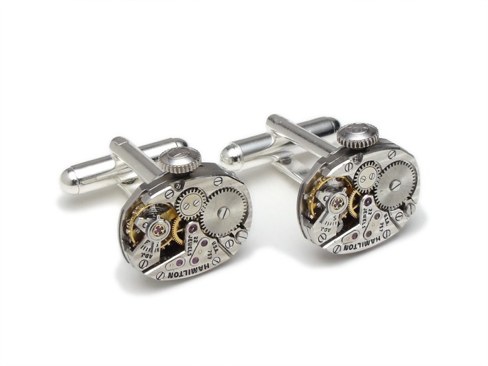 Steampunk Cufflinks with Elegant Pinstriped 22 Ruby Jewel Hamilton Watch Movements