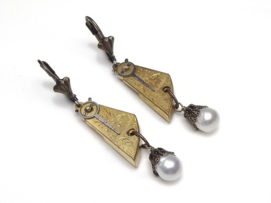 Steampunk Earrings Guilloche Elgin Pocket Watch Plates Circa 1900 Brass Filigree With Genuine Pearls