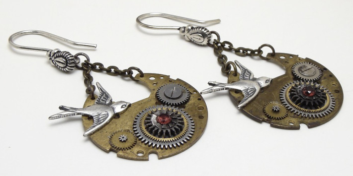 Steampunk Earrings vintage watch plates gears silver swallows genuine red garnets 2