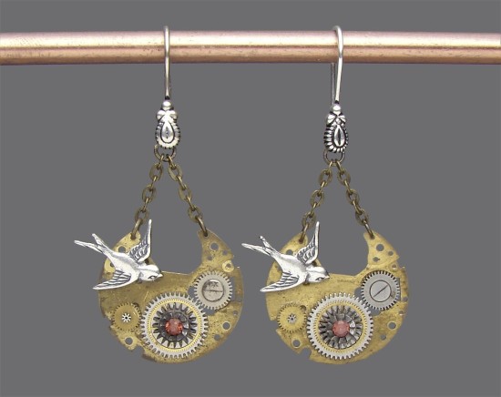 Steampunk Earrings vintage watch plates gears silver swallows genuine red garnets 3