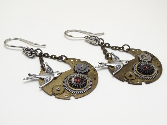 Steampunk Earrings vintage watch plates gears silver swallows genuine red garnets