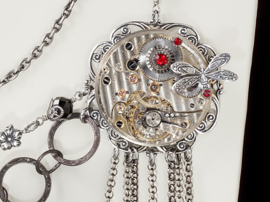 Steampunk Jewelry Statement Necklace with Vintage Silver Pocket Watch and Gold Gears 2