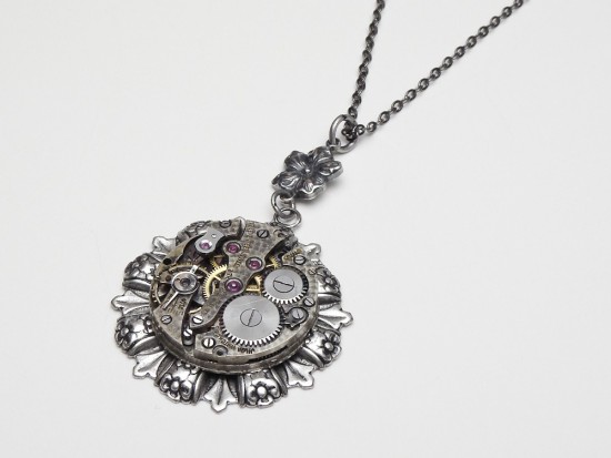 Steampunk Necklace 17 Ruby Jewel Wristwatch Movement with Silver Flower Charm 3