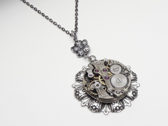 Steampunk Necklace 17 Ruby Jewel Wristwatch Movement with Silver Flower Charm
