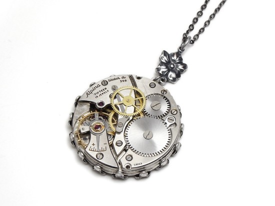 Steampunk Necklace Antique 15 Ruby Jewel Wristwatch Movement Silver Flower 3