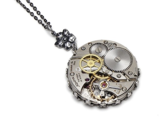 Steampunk Necklace Antique 15 Ruby Jewel Wristwatch Movement Silver Flower