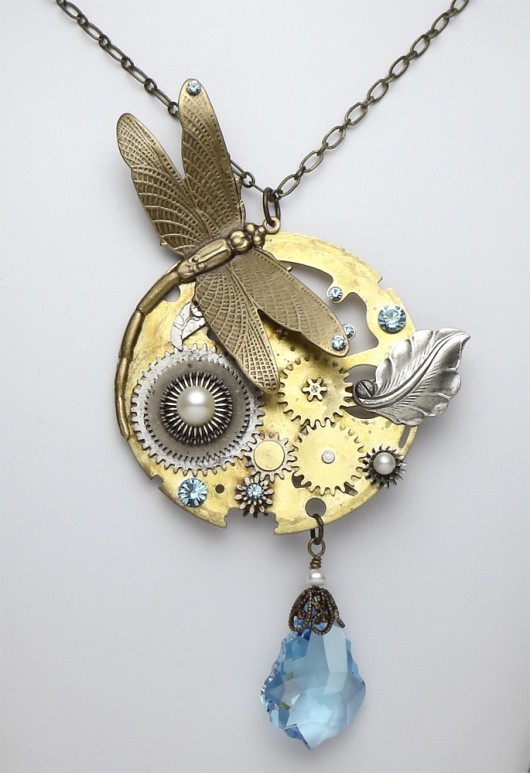 Steampunk Necklace Antique Pocket Movement With Dragonfly Blue Topaz Swarovski Crystal 3