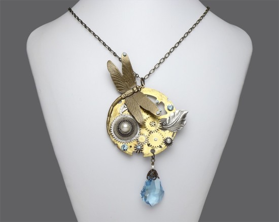 Steampunk Necklace Antique Pocket Movement With Dragonfly Blue Topaz Swarovski Crystal