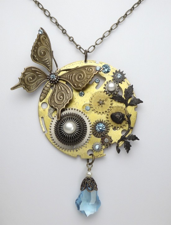 Steampunk Necklace Antique Pocket Watch Gears With A Brass Butterfly Pearls And Blue Swarovski 3