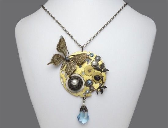 Steampunk Necklace Antique Pocket Watch Gears With A Brass Butterfly Pearls And Blue Swarovski