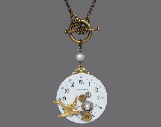 Steampunk Necklace Antique Porcelain Watch Dial with Gears Pearls Brass Swallow 3