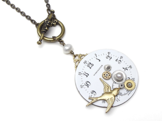 Steampunk Necklace Antique Porcelain Watch Dial with Gears Pearls Brass Swallow 4