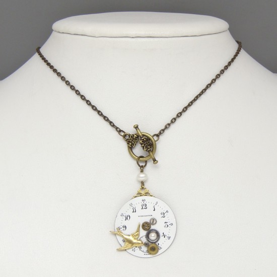Steampunk Necklace Antique Porcelain Watch Dial with Gears Pearls Brass Swallow