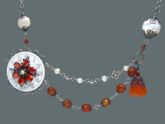 Steampunk Necklace Antique Porcelain Watch Dial with Genuine Carnelian Briolette and Red Agate 3