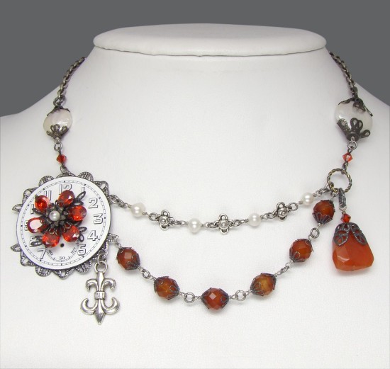 Steampunk Necklace Antique Porcelain Watch Dial with Genuine Carnelian Briolette and Red Agate