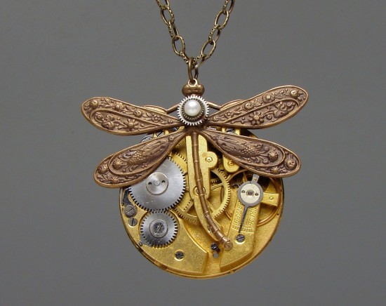 Steampunk Necklace antique pocket watch with a dragonfly and genuine pearls