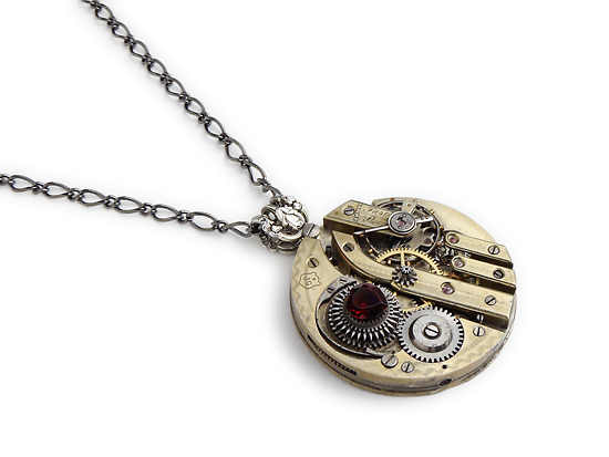 Steampunk Pocket Watch Necklace 1890s guilloche engraved 15 ruby