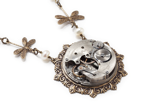 Steampunk Pocket Watch Necklace Pearls and Dragonfly