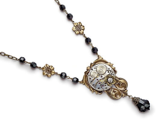 Steampunk Pocket Watch Necklace antique 1930s, faceted black crystal 1